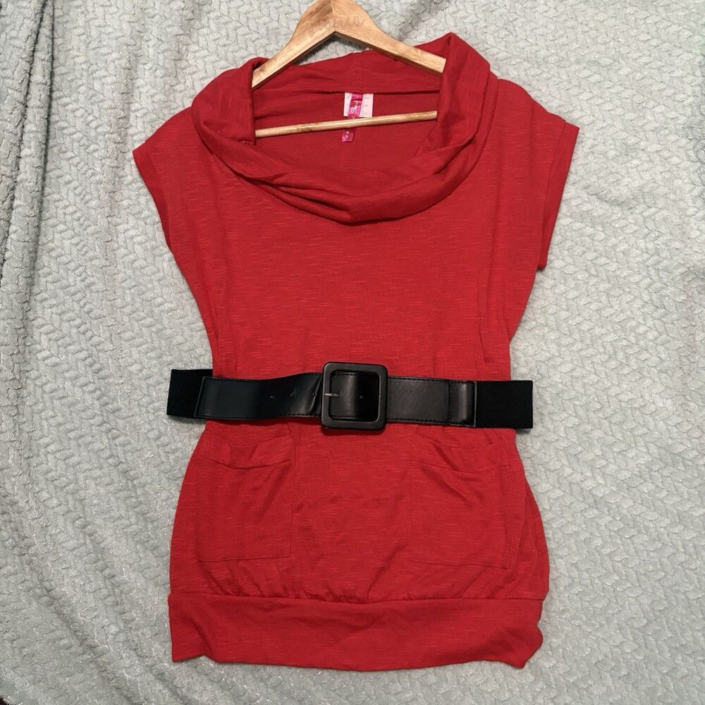 Vtg Heart Soul Red Cowl Neck Tunic Top w/ Wide Belt Y2K Office Siren Indie Med